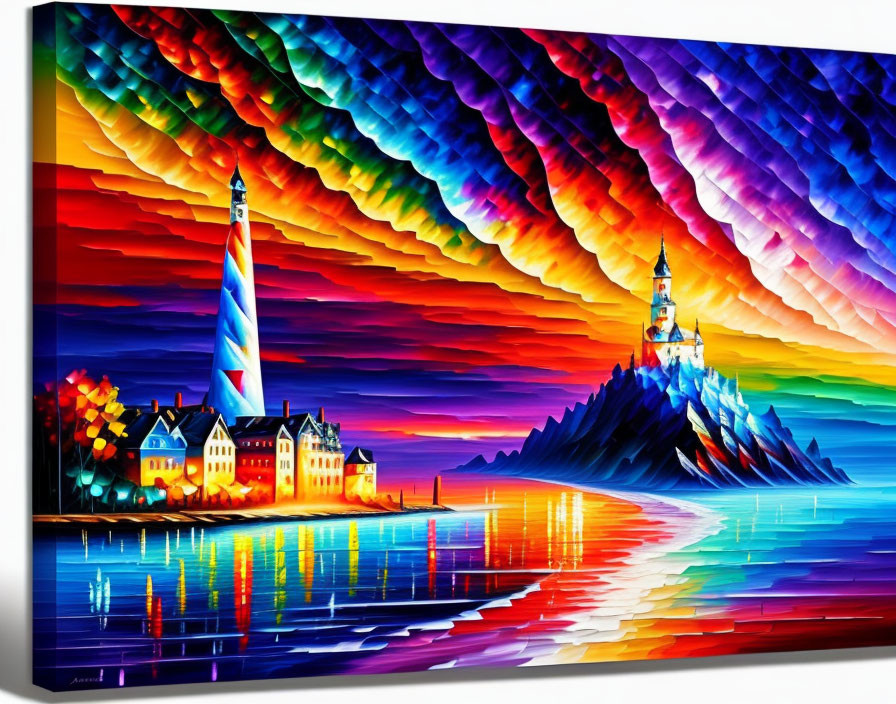 Colorful Painting: Lighthouse, Coastal Buildings, and Dynamic Sky