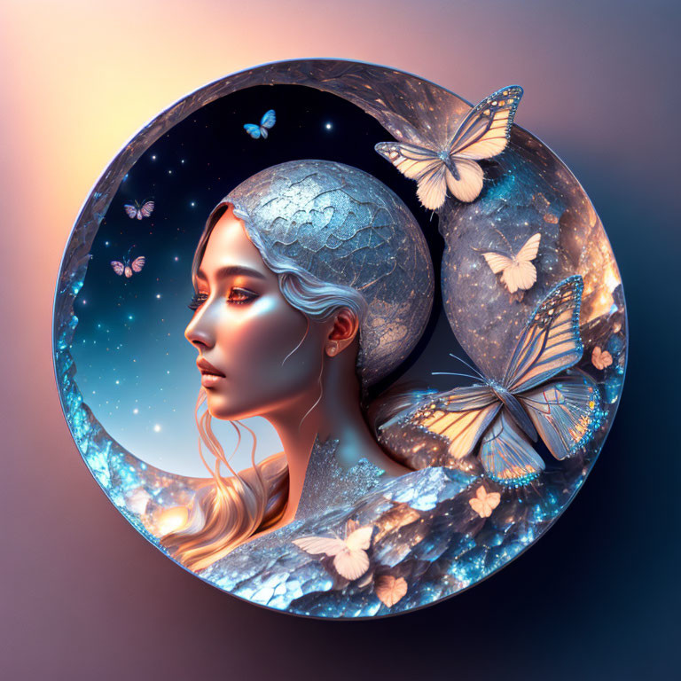 Surreal art: Woman's profile in cosmic circular scene with moons, stars, butterflies