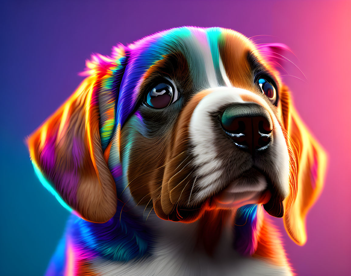 Colorful Dog Portrait with Glossy Coat on Rainbow Background