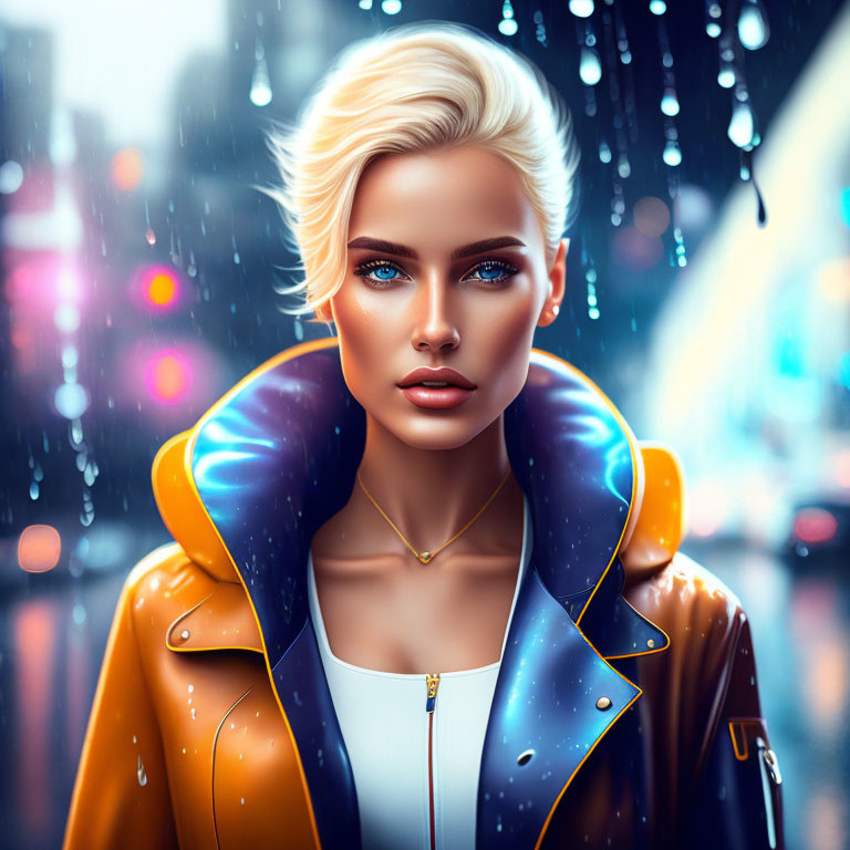 Blonde Woman in Yellow Jacket in Rainy Neon City