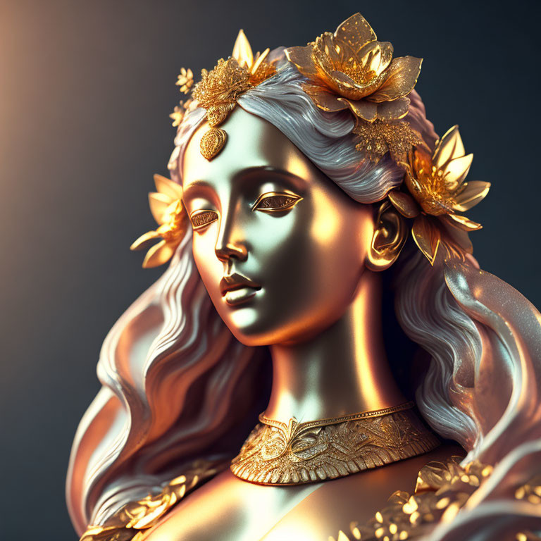 3D-rendered image of woman with metallic skin and golden leaf accessories