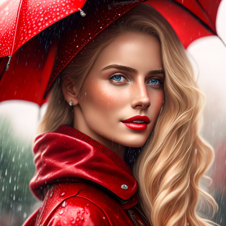 Blonde Woman with Blue Eyes Holding Red Umbrella in Rain