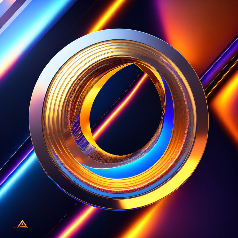 Luminous golden ring on neon blue and purple backdrop