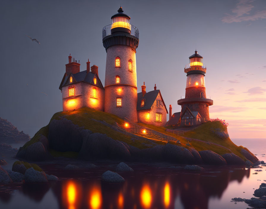 Twin-lighthouse structure on rocky islet at twilight
