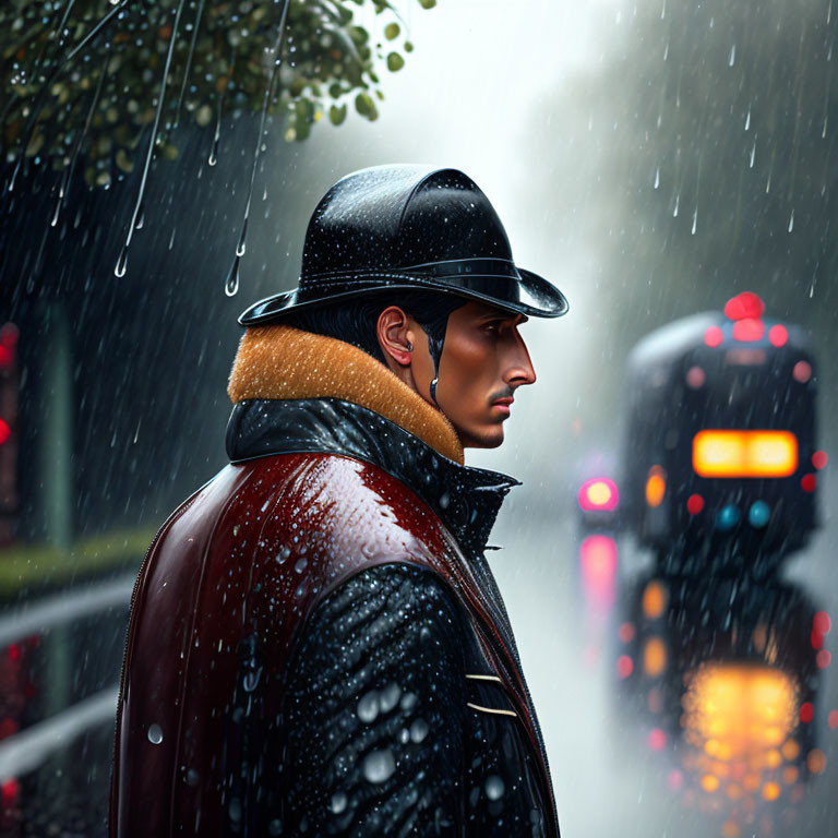 Profile view of man in leather jacket and helmet in rain against city lights.