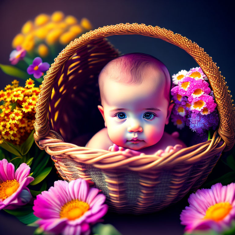 Baby with Large Eyes Sitting in Woven Basket Surrounded by Colorful Flowers