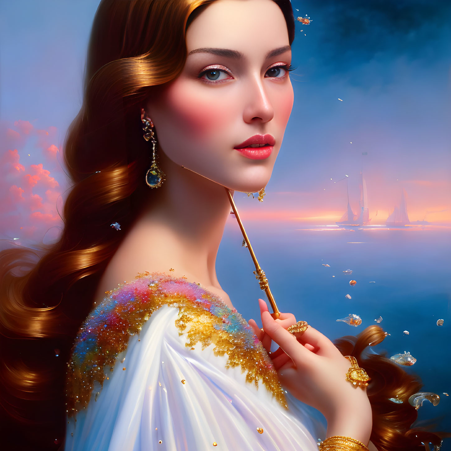 Illustrated woman with golden object in white dress against dreamy sky and sailing ships