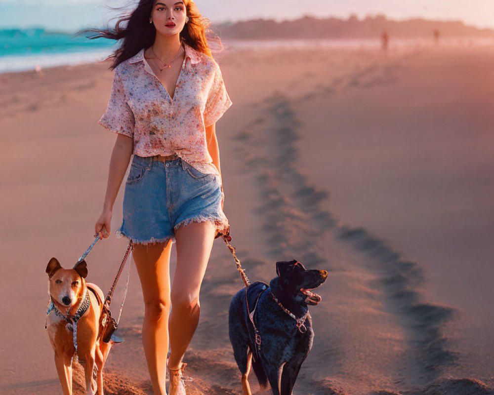 Woman walking two dogs on sandy beach at sunset with hair blowing in breeze