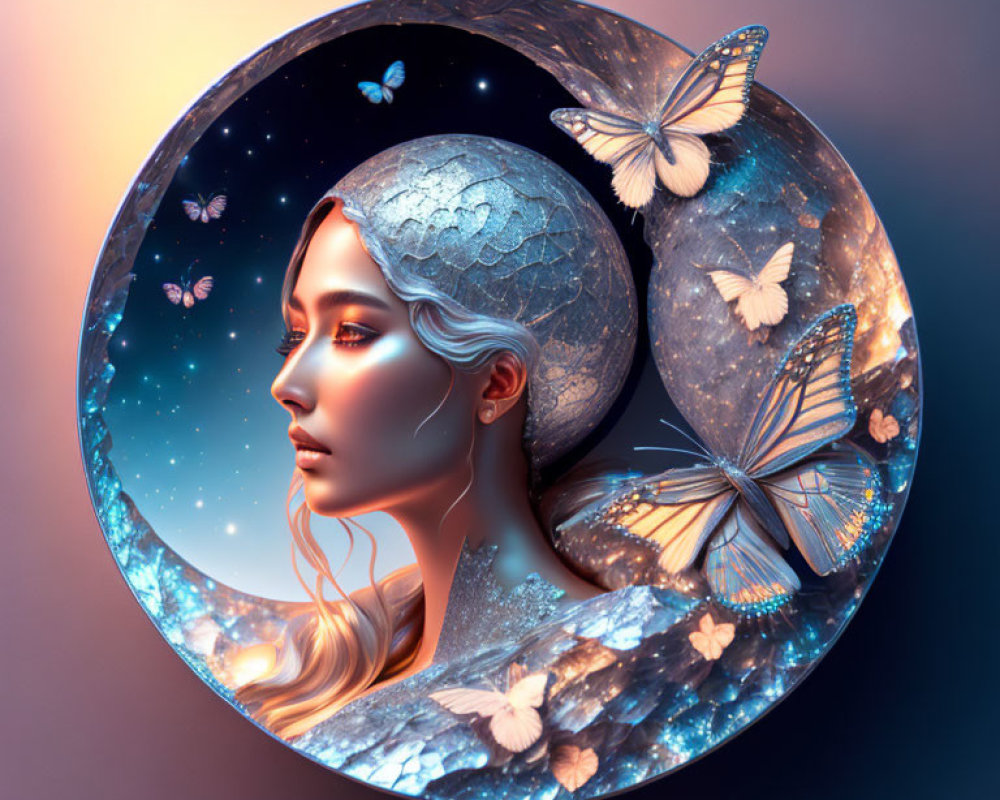 Surreal art: Woman's profile in cosmic circular scene with moons, stars, butterflies