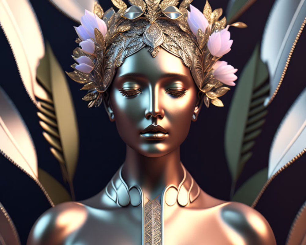 3D Rendered Woman with Metallic Skin and Floral Headpiece on Leafy Background