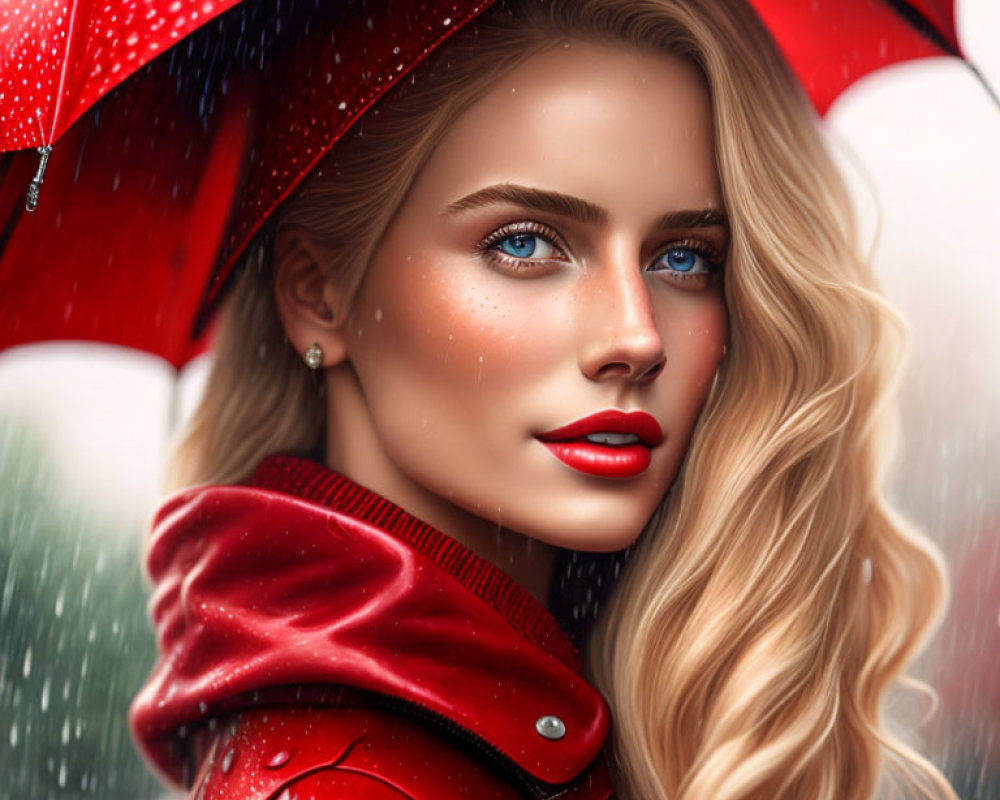 Blonde Woman with Blue Eyes Holding Red Umbrella in Rain