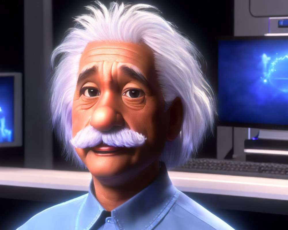 3D animated Einstein-like character with mustache, blue shirt, surrounded by celestial computer screens
