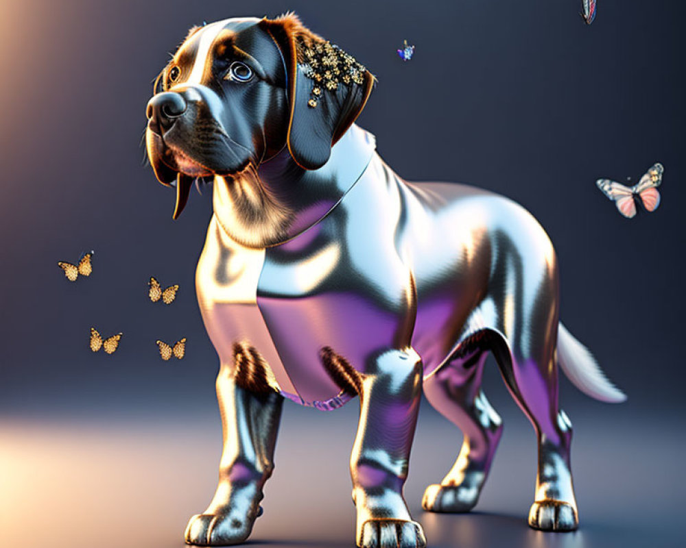 Reflective metallic-coated dog surrounded by butterflies on gradient background