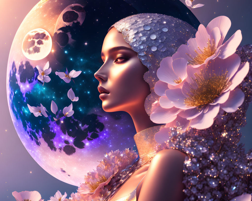 Surreal portrait of woman with moon, flowers, butterflies, and stars