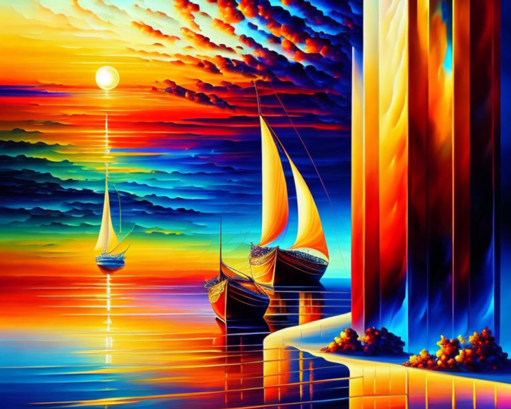 Colorful Sailboat Painting: Shimmering Sea Sunset with Stylized Sky