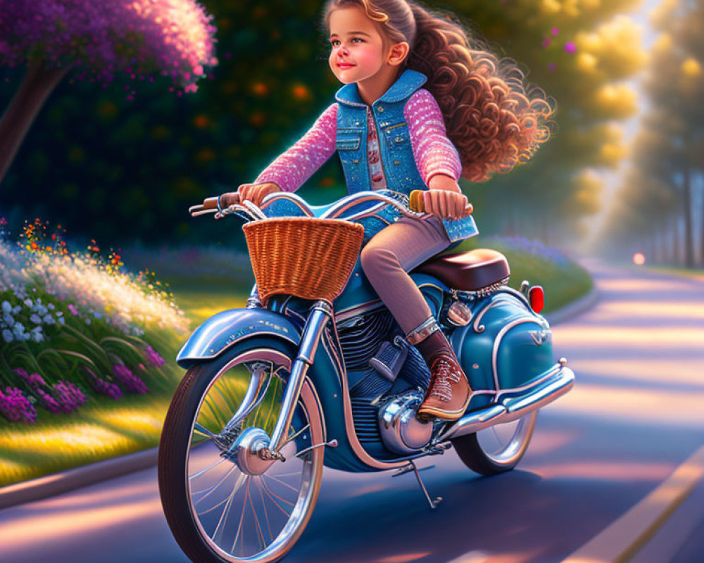 Young girl on classic motorcycle rides through sunlit path with flowing hair.