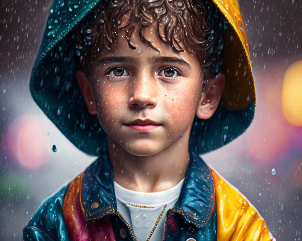Young boy in colorful raincoat standing in rain with water droplets on face and clothes