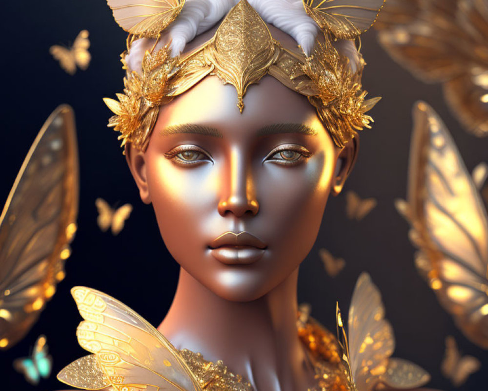 Golden-hued 3D illustration of person with ornate headpiece and butterflies