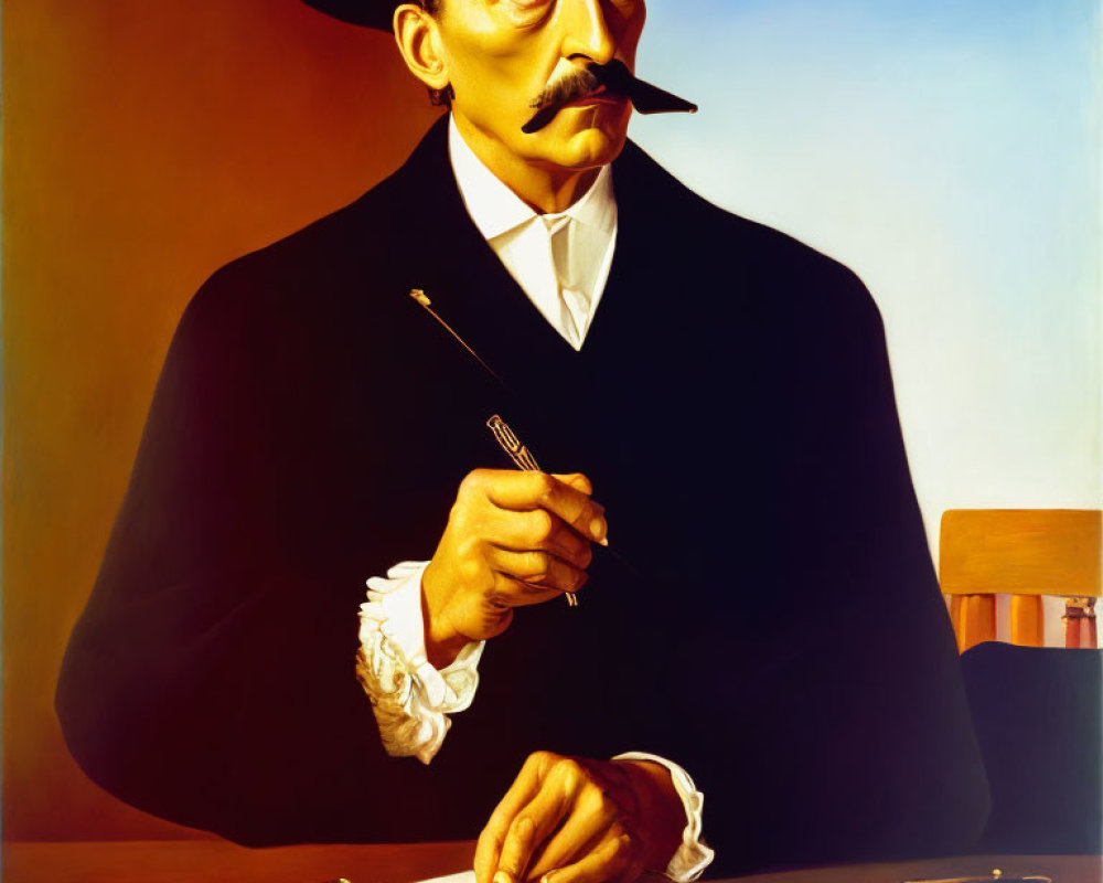 Stylized painting of stern gentleman in hat and suit with mustache, pen, paper, and