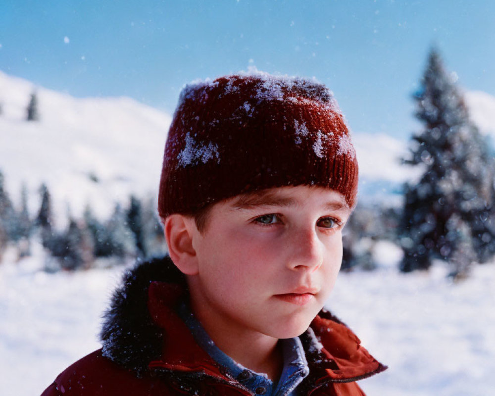 Boy in Red Hat and Jacket in Snowy Landscape with Evergreen Trees