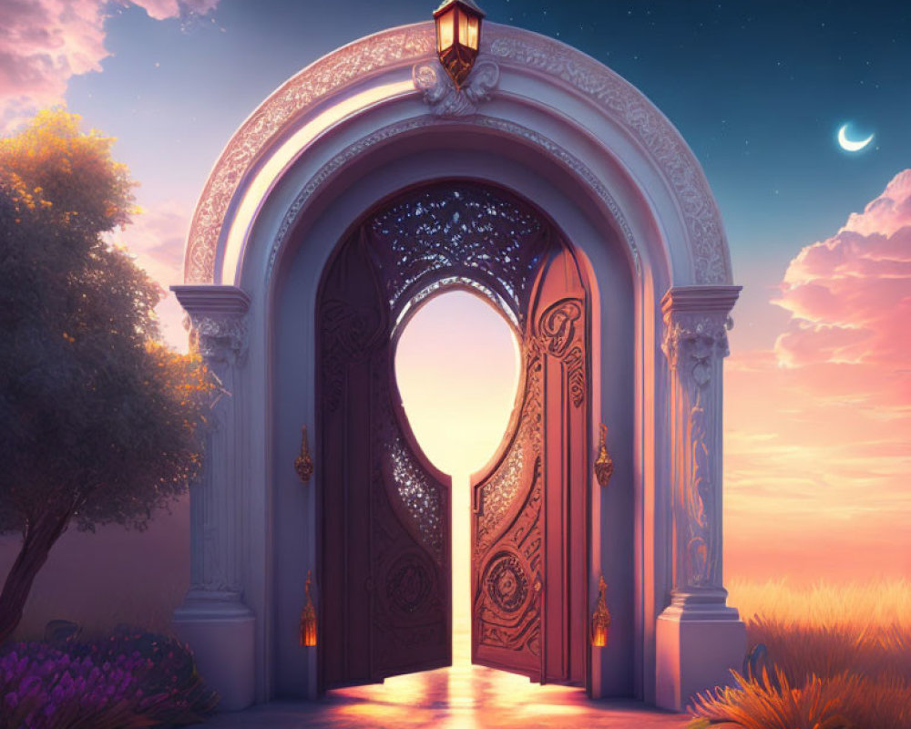 Ornate open doorway with star-filled sky, columns, lantern, crescent moon