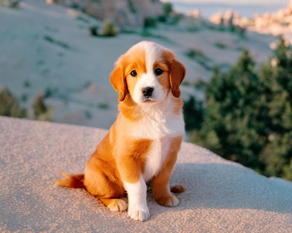Brown and white puppy on rocky surface with blurred rocky backdrop.