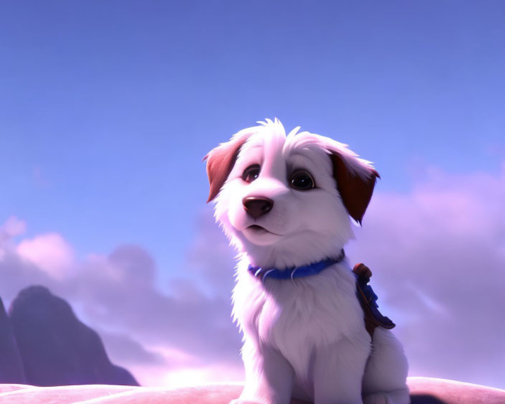 White and Brown Fur Puppy on Rock with Blue Collar in Purple Sky