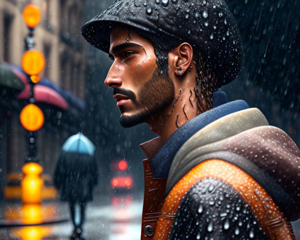 Bearded man in wet cap and jacket stands in rainy cityscape