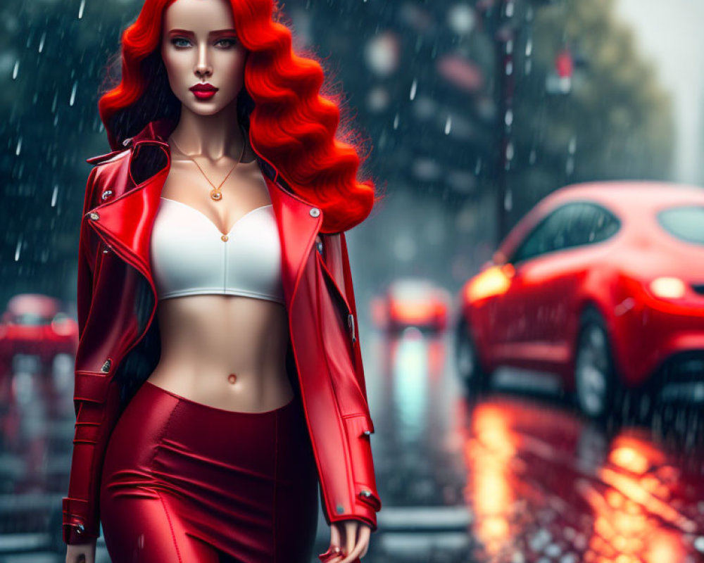 Vibrant red-haired woman in red outfit walking in the rain with red car