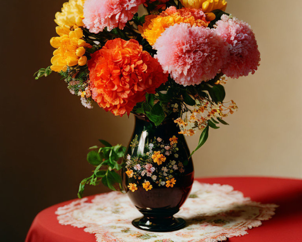 Colorful pink and orange flower bouquet in floral vase on red table with lace doily