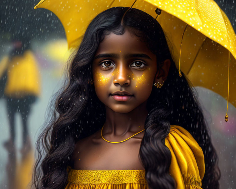Girl with Long Wavy Hair Holding Yellow Umbrella in Rainy Scene