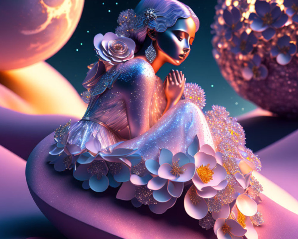 Surreal illustration of a blue-skinned woman surrounded by flowers under two moons