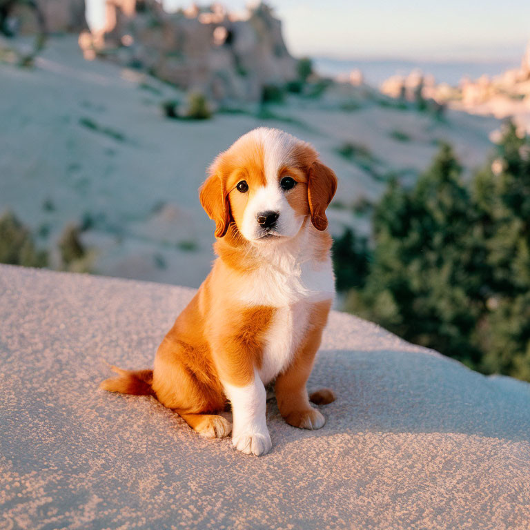 Brown and white puppy on rocky surface with blurred rocky backdrop.