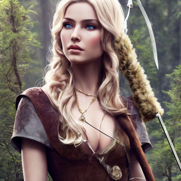 Fantasy female warrior with blond hair and sword in misty forest