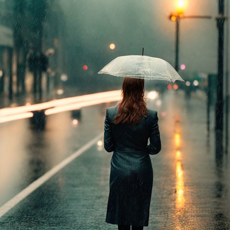 Red-haired woman with transparent umbrella in rainy city street at night