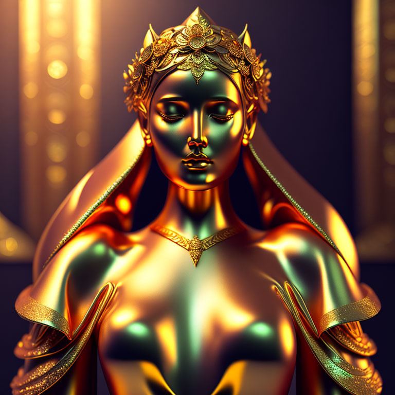 Golden 3D Female Figure with Intricate Headpiece and Jewelry on Dark Background