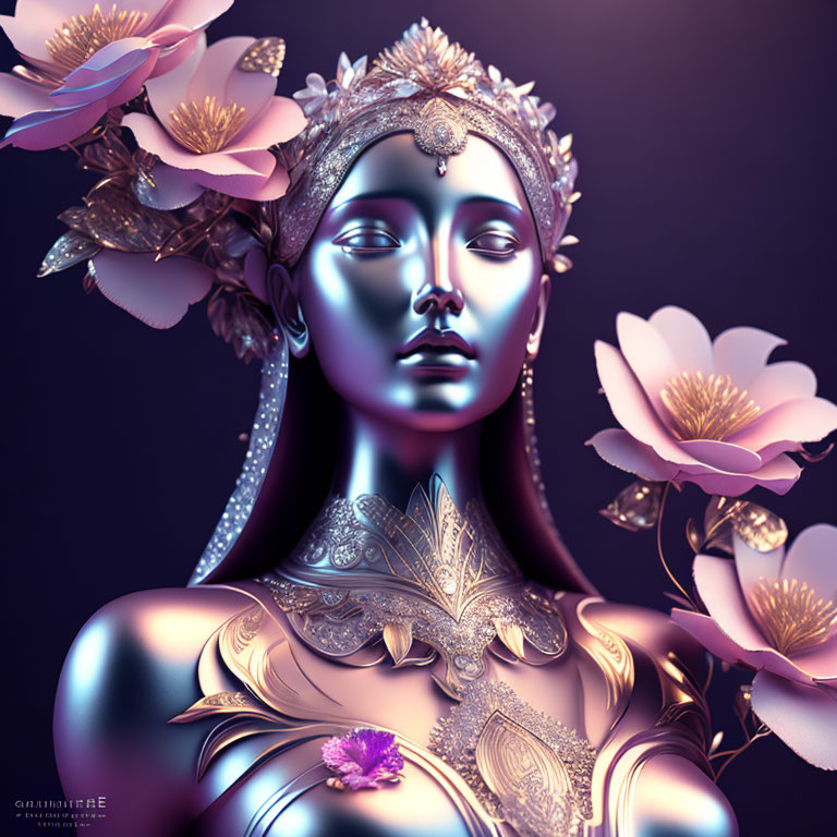 Digital Artwork: Woman with Metallic Skin and Elaborate Floral Headpiece