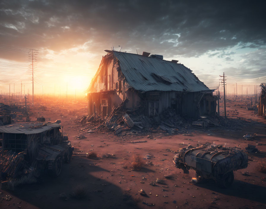 Dilapidated building and abandoned vehicles in apocalyptic sunset scene