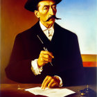 Stylized painting of stern gentleman in hat and suit with mustache, pen, paper, and