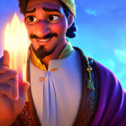 3D animated character in royal attire with lit candle at twilight