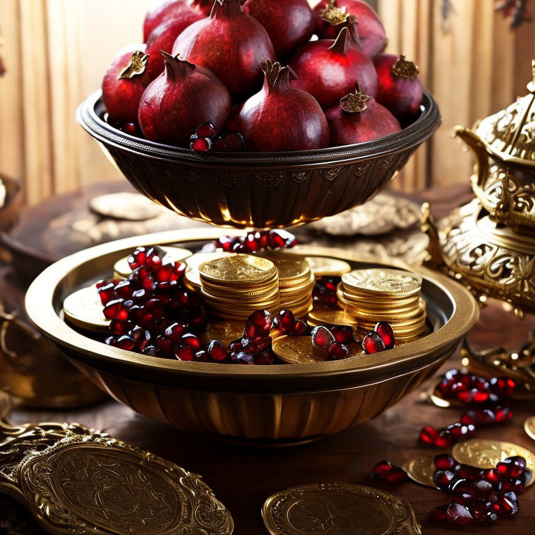 Luxurious table setting with pomegranates, seeds, and gold coins