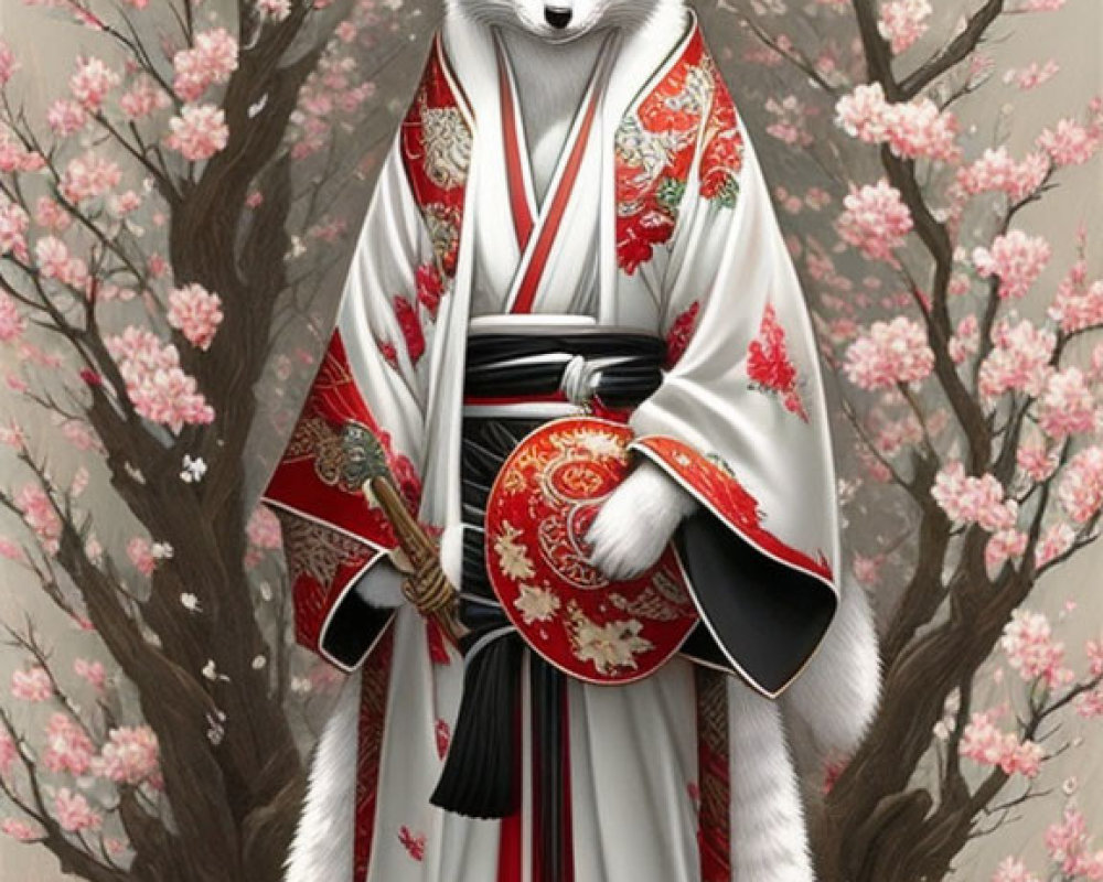 White fox in red and white kimono with cherry blossoms