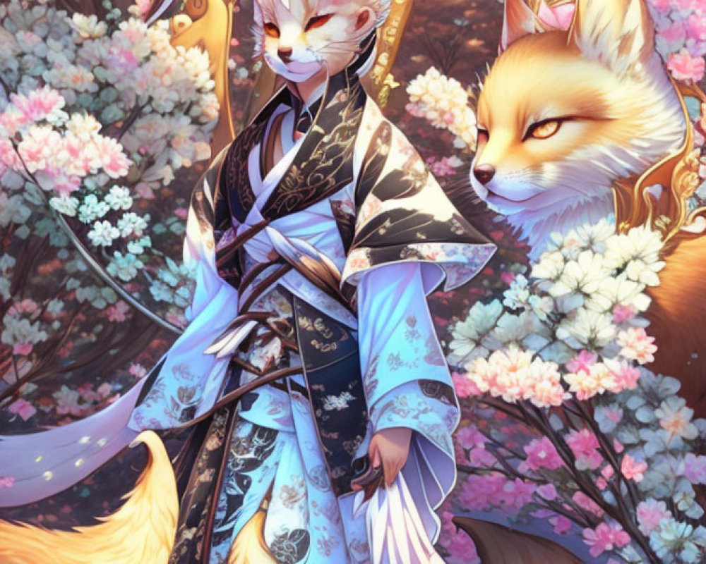 Illustrated anthropomorphic fox with nine tails in traditional attire among pink flowers