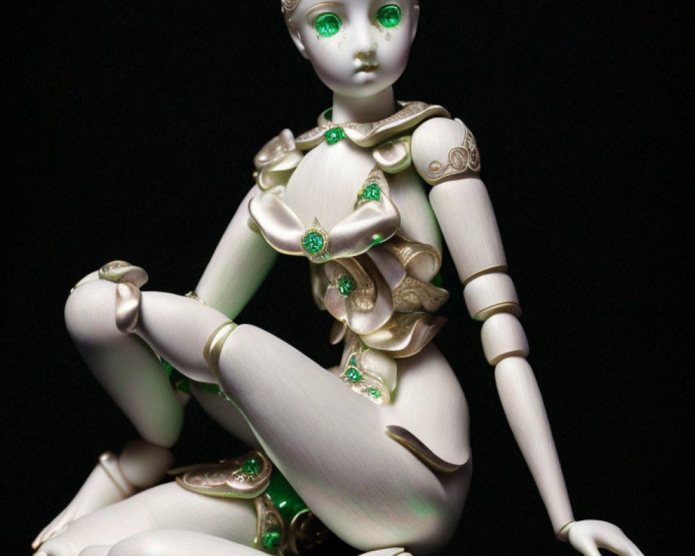 Intricate Floral Design Porcelain Doll with Green Gemstones