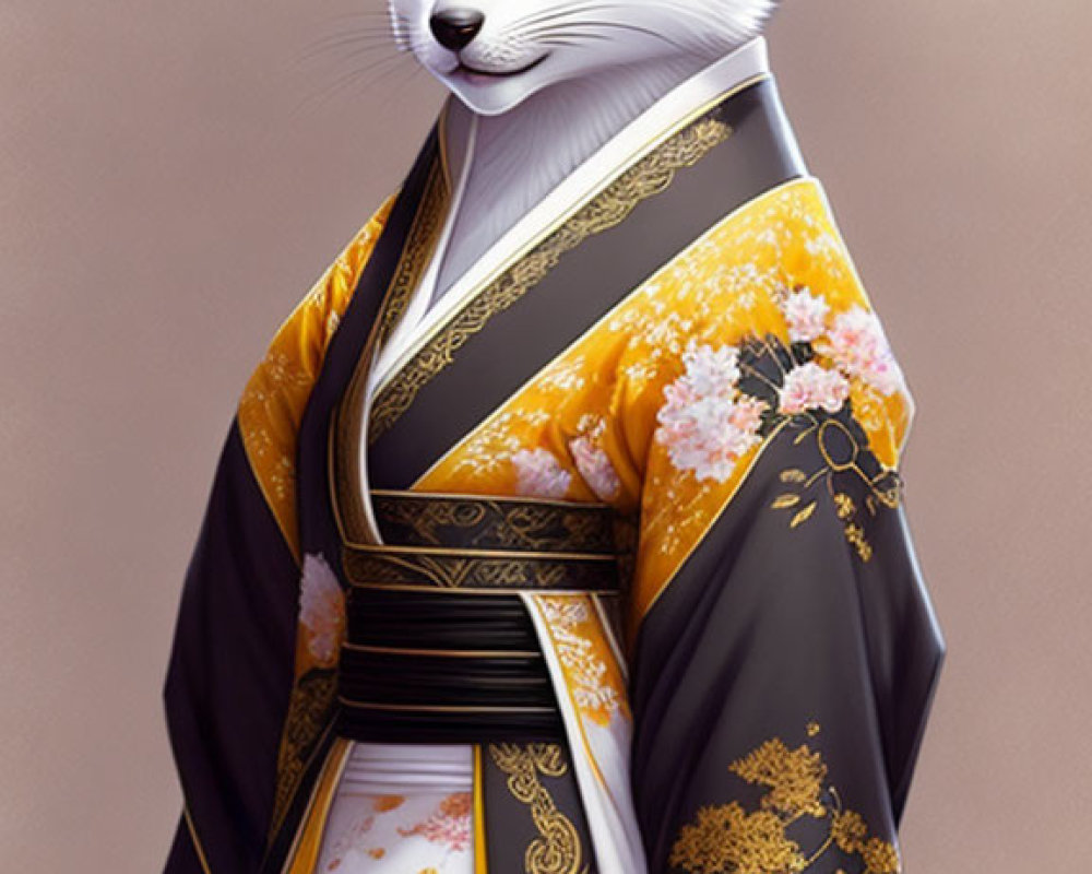 Anthropomorphic fox in Japanese kimono with floral patterns and obi sash