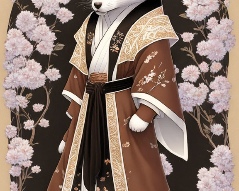 White Fox in Traditional Japanese Attire Among Pink Cherry Blossoms