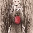 White fox in red and white kimono with cherry blossoms