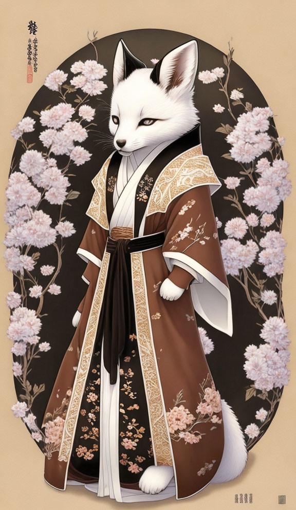 White Fox in Traditional Japanese Attire Among Pink Cherry Blossoms
