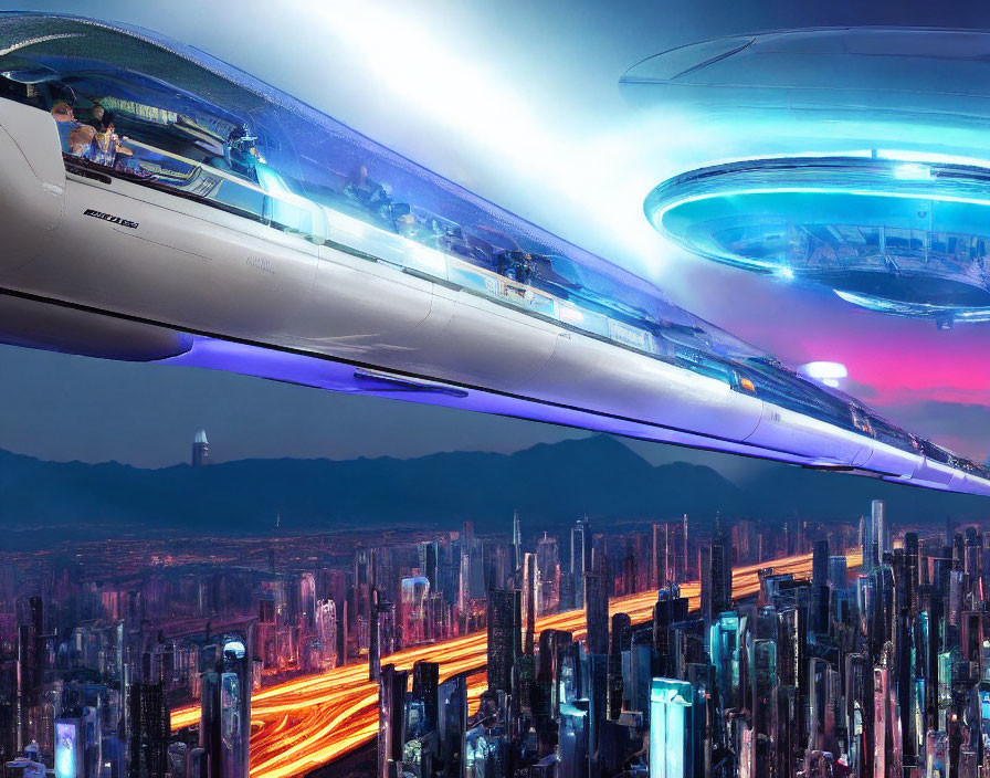 Futuristic cityscape with flying trains and neon lights