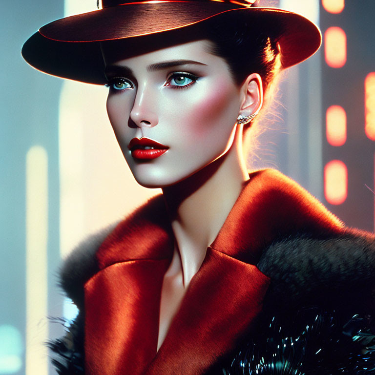 Woman with Striking Makeup and Wide-Brimmed Hat in Neon-Lit Night Scene